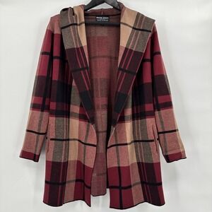 Frank Lyman Cardigan Plaid Womens M Black Red Tan Long Sleeve Hooded Open Front